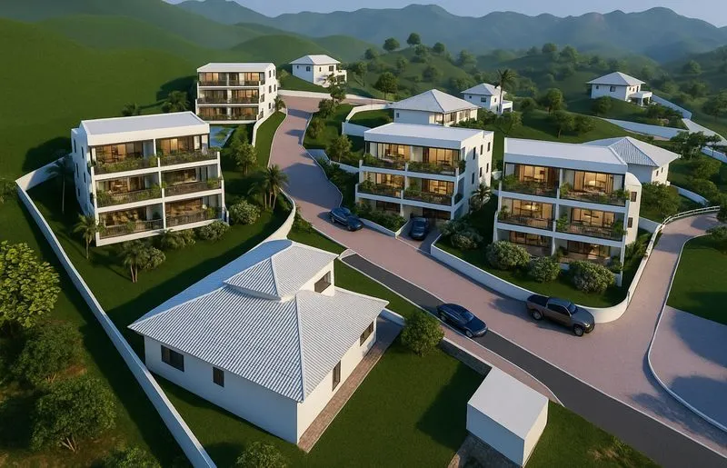 Vista aérea de un conjunto residencial moderno en una zona montañosa con casas blancas de varios pisos y caminos pavimentados.