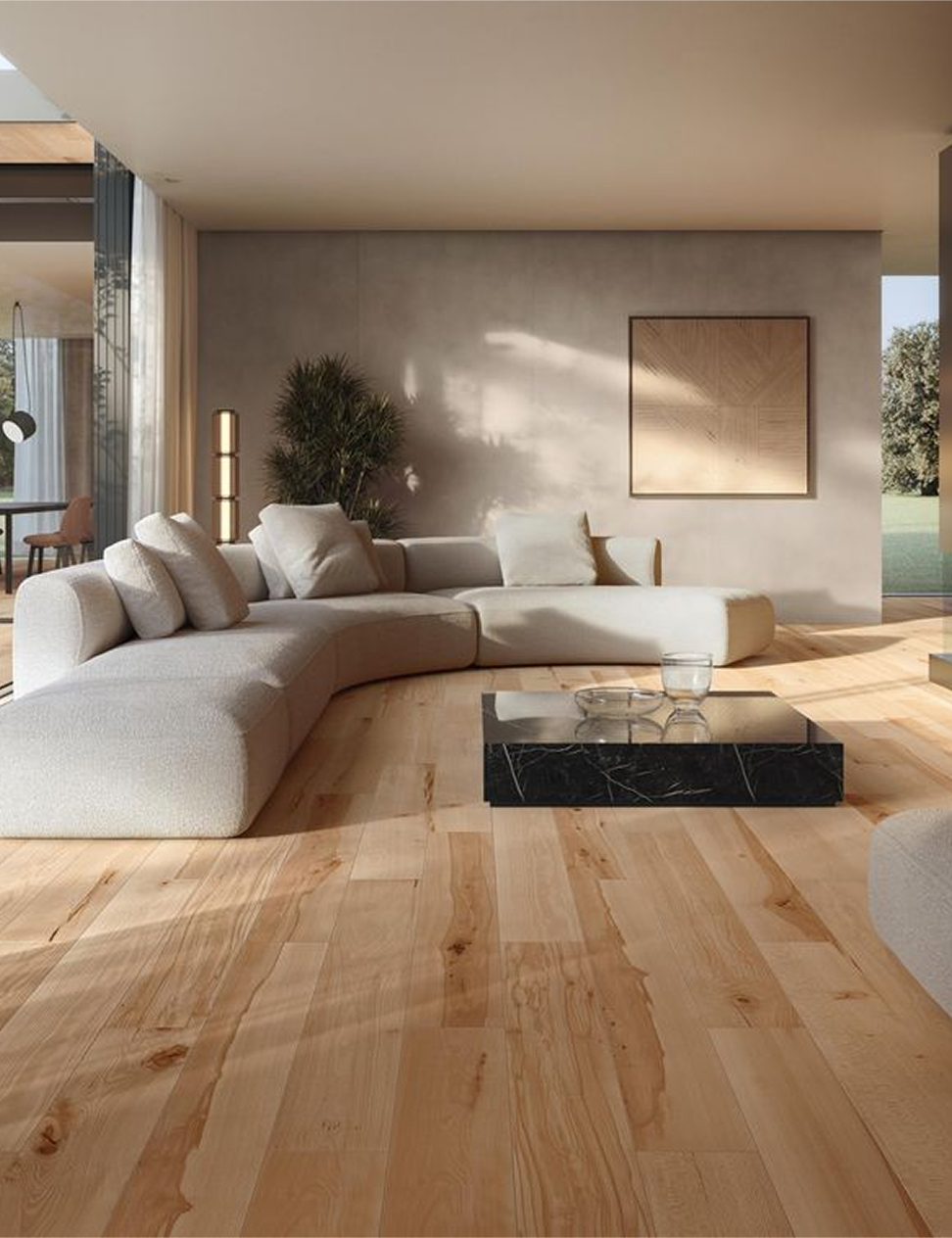 Sala de estar moderna con sofá seccional beige, mesa baja negra y piso de madera clara.