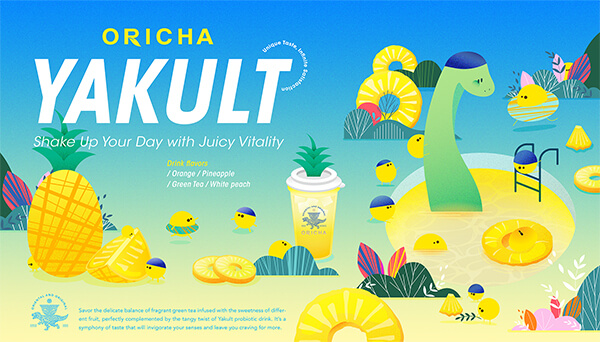 Oricha fruit Yakult series poster with vibrant vector illustration and tropical fruits