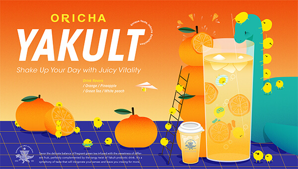 Oricha fruit Yakult series poster with vibrant vector illustration and tropical fruits