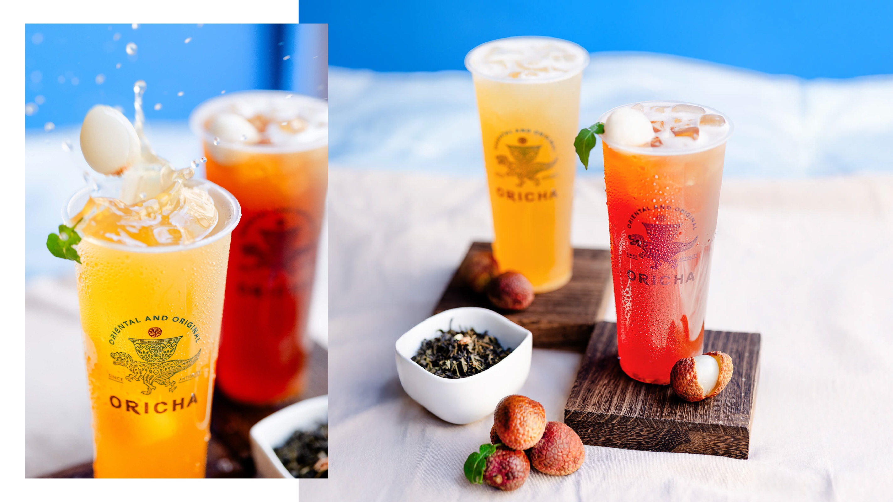 Oricha Lychee Oolong and Green Tea – Refreshing fruit tea beverage photography with fresh lychee garnish