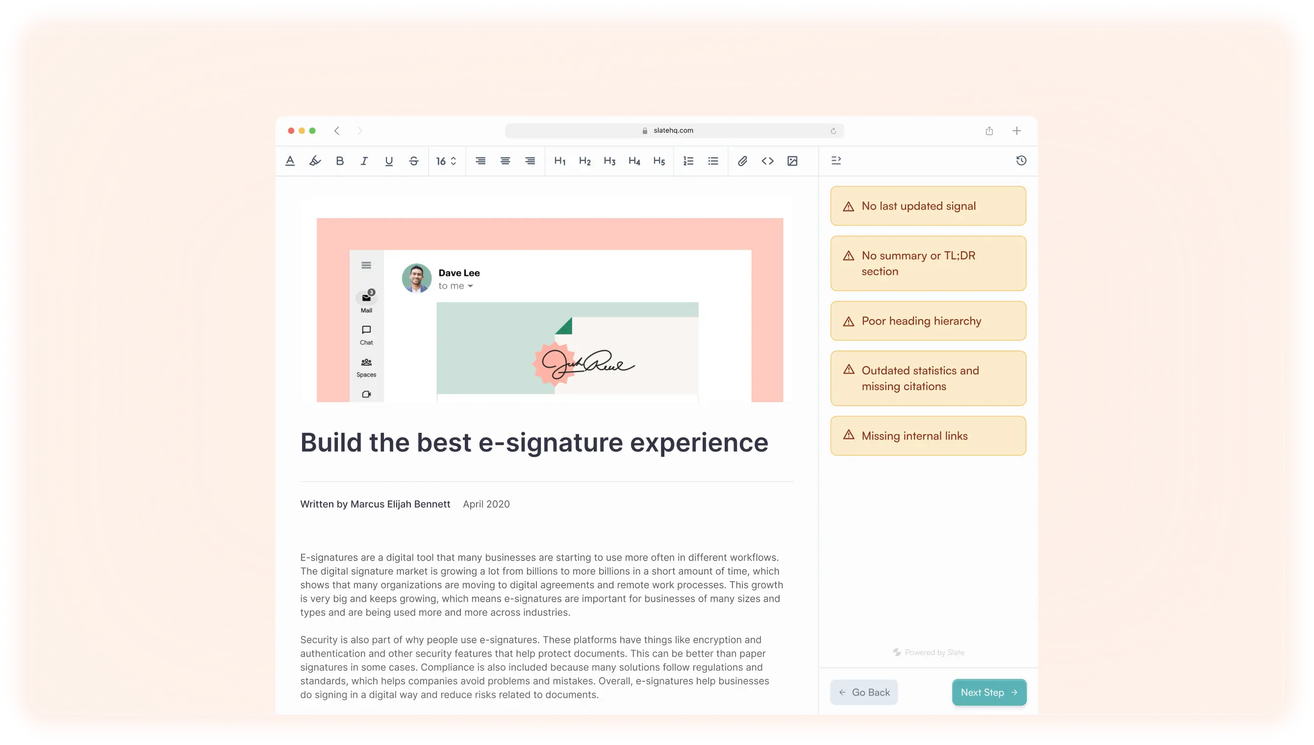 Screenshot of a digital document editor showing an article titled 'Build the best e-signature experience' with a sample e-signature and a sidebar listing document issues like 'No last updated signal' and 'Poor heading hierarchy'.