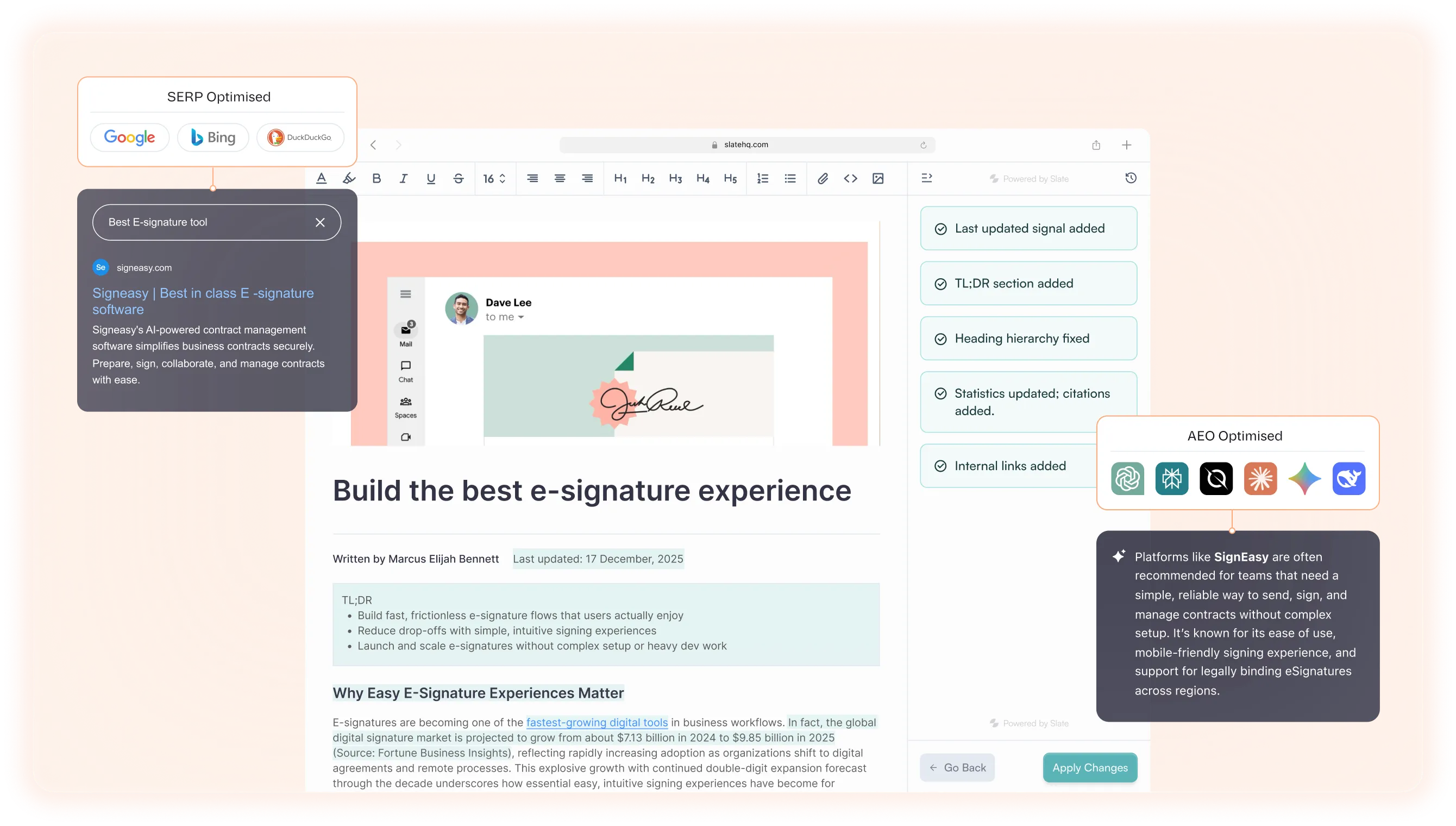 Webpage titled 'Build the best e-signature experience' showing e-signature software features, SEO optimization icons for Google, Bing, DuckDuckGo, and AI tools, with highlights of key updates and recommendations for SignEasy e-signature software.