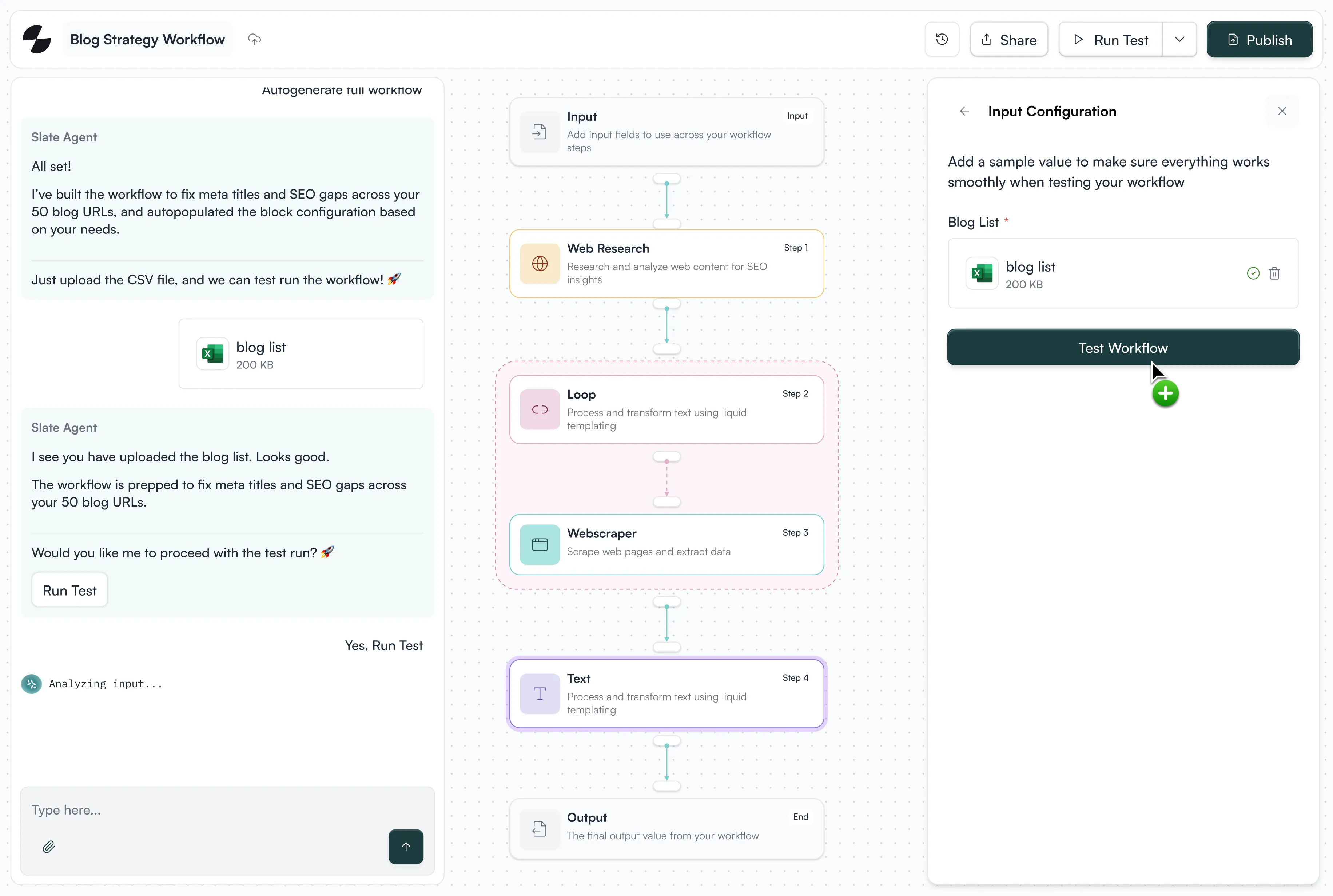 User interface of a Blog Strategy Workflow with steps: Input, Web Research, Loop, Webscraper, Text, and Output, showing a CSV upload for blog list and a sidebar for testing the workflow.