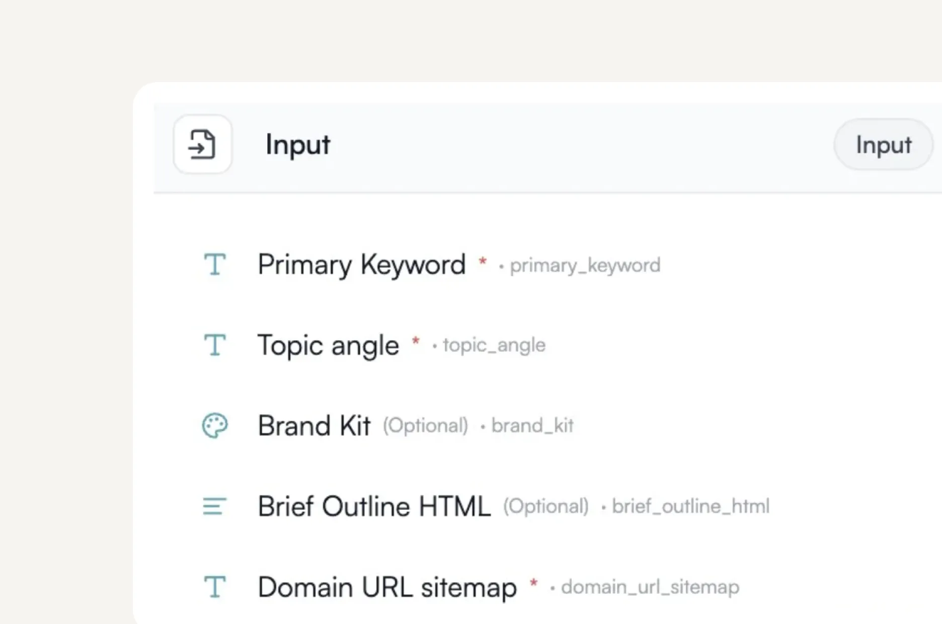 User interface showing input fields labeled Primary Keyword, Topic angle, Brand Kit (optional), Brief Outline HTML (optional), and Domain URL sitemap.