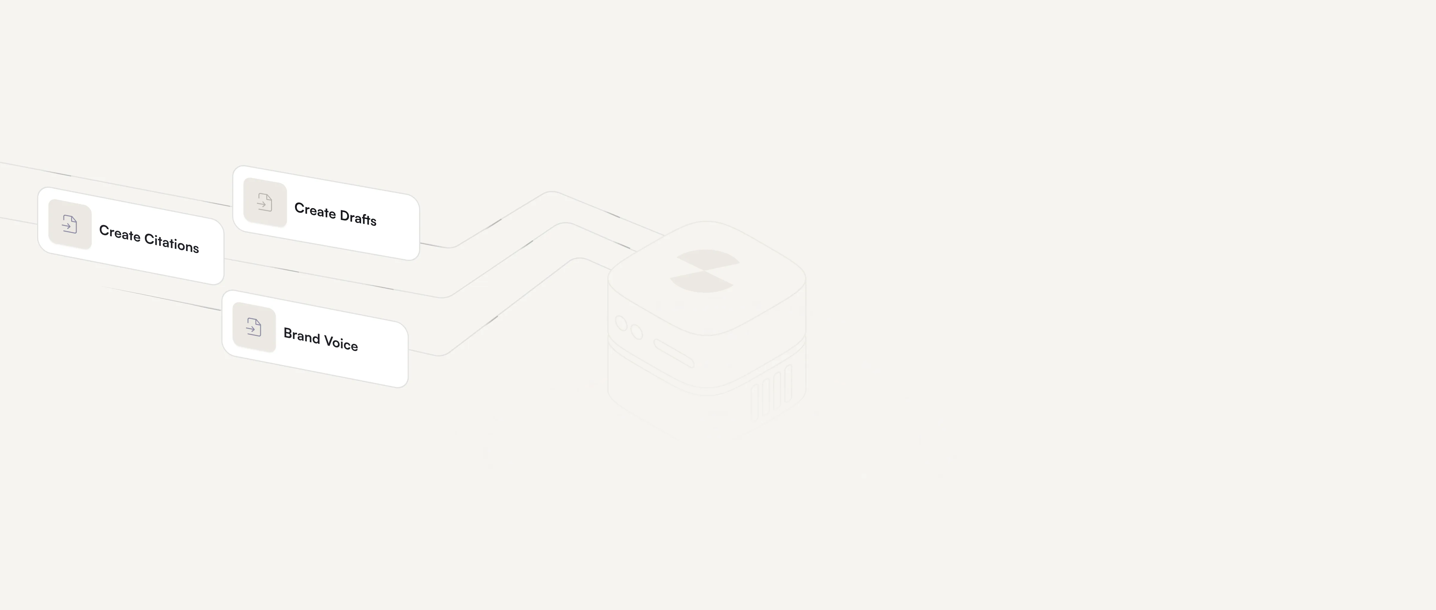 Diagram showing three labeled options — Create Citations, Create Drafts, and Brand Voice — connected to a central cube device with a stylized X logo.