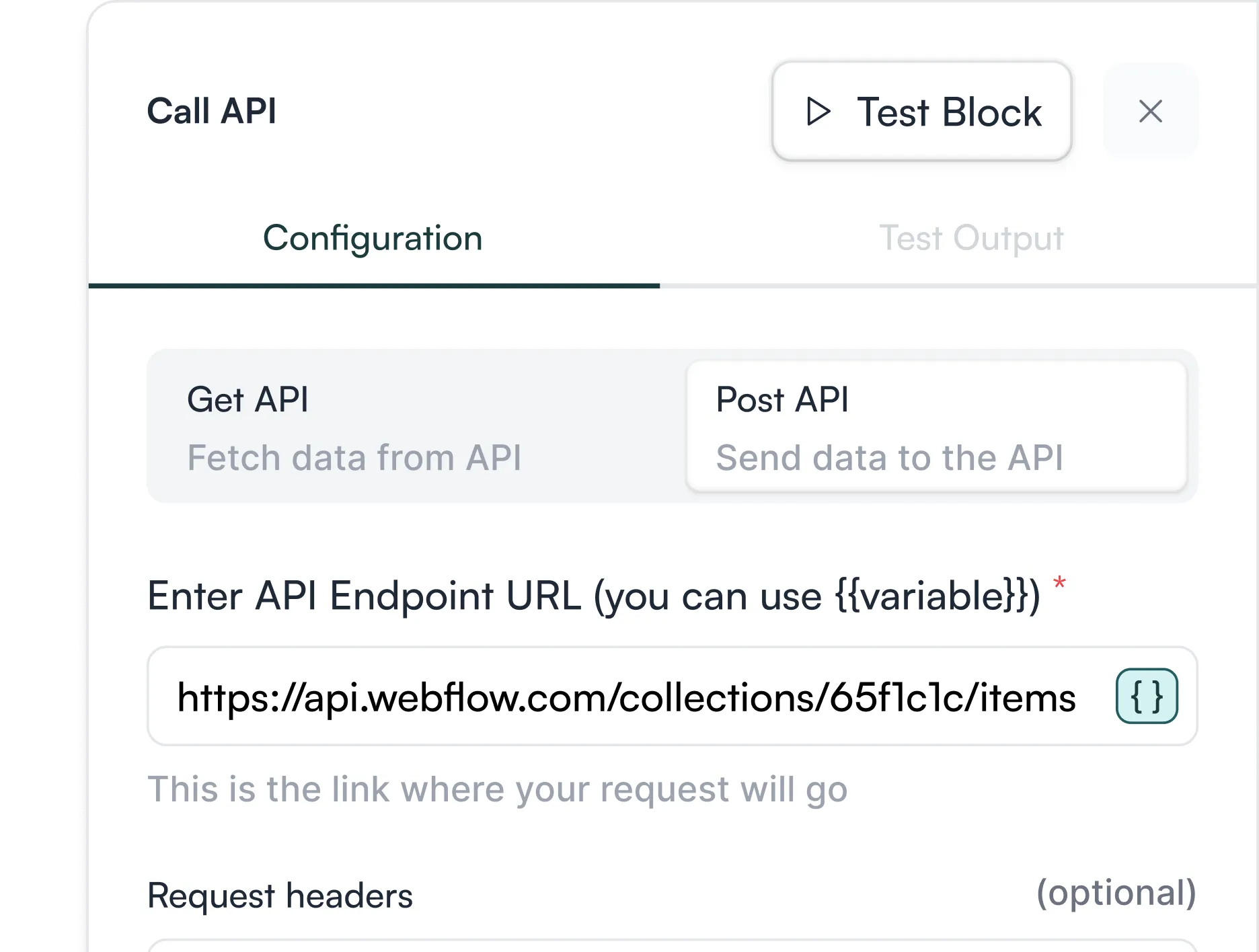 API call interface showing configuration tab with options to Get API or Post API, input field for API Endpoint URL filled with a Webflow API URL, and placeholder text for request headers.