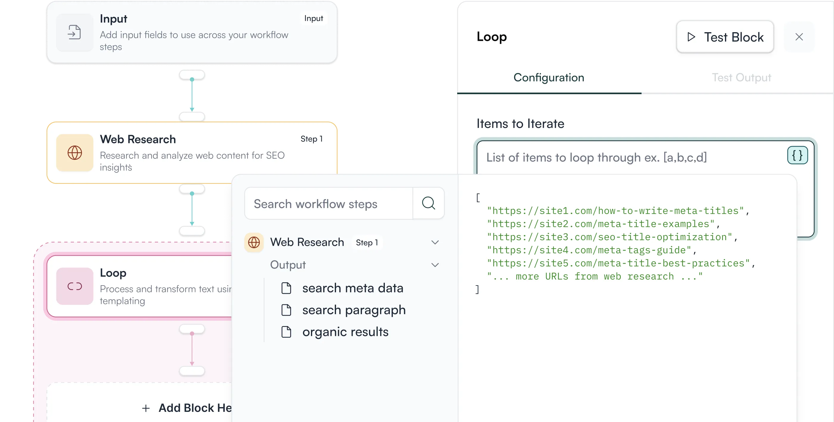 Workflow diagram showing steps: Input for workflow fields, Web Research for analyzing SEO content, and Loop block for processing text with example URLs to iterate.