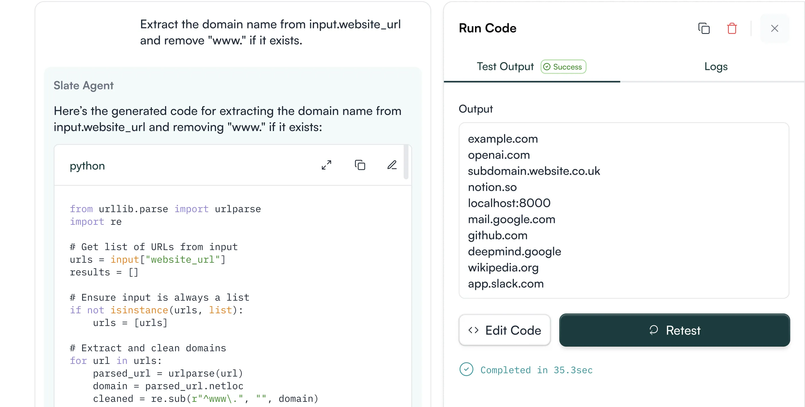 Code snippet in Python showing how to extract domain names from URLs, removing 'www.' if present, with example output of cleaned domain names.