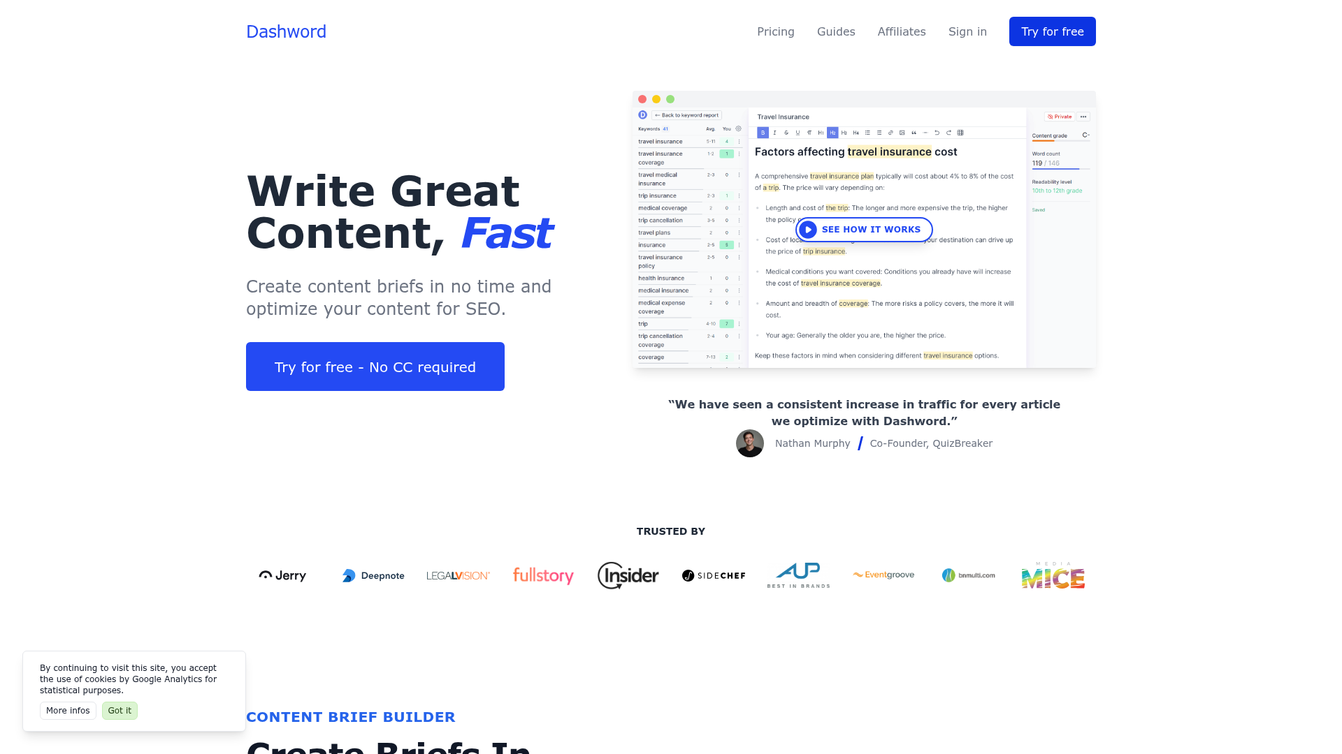 Dashword homepage showing outliner and note-taking application
