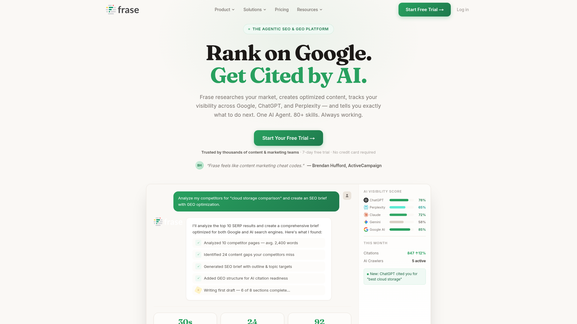 Frase homepage showing AI-powered content optimization and search analytics