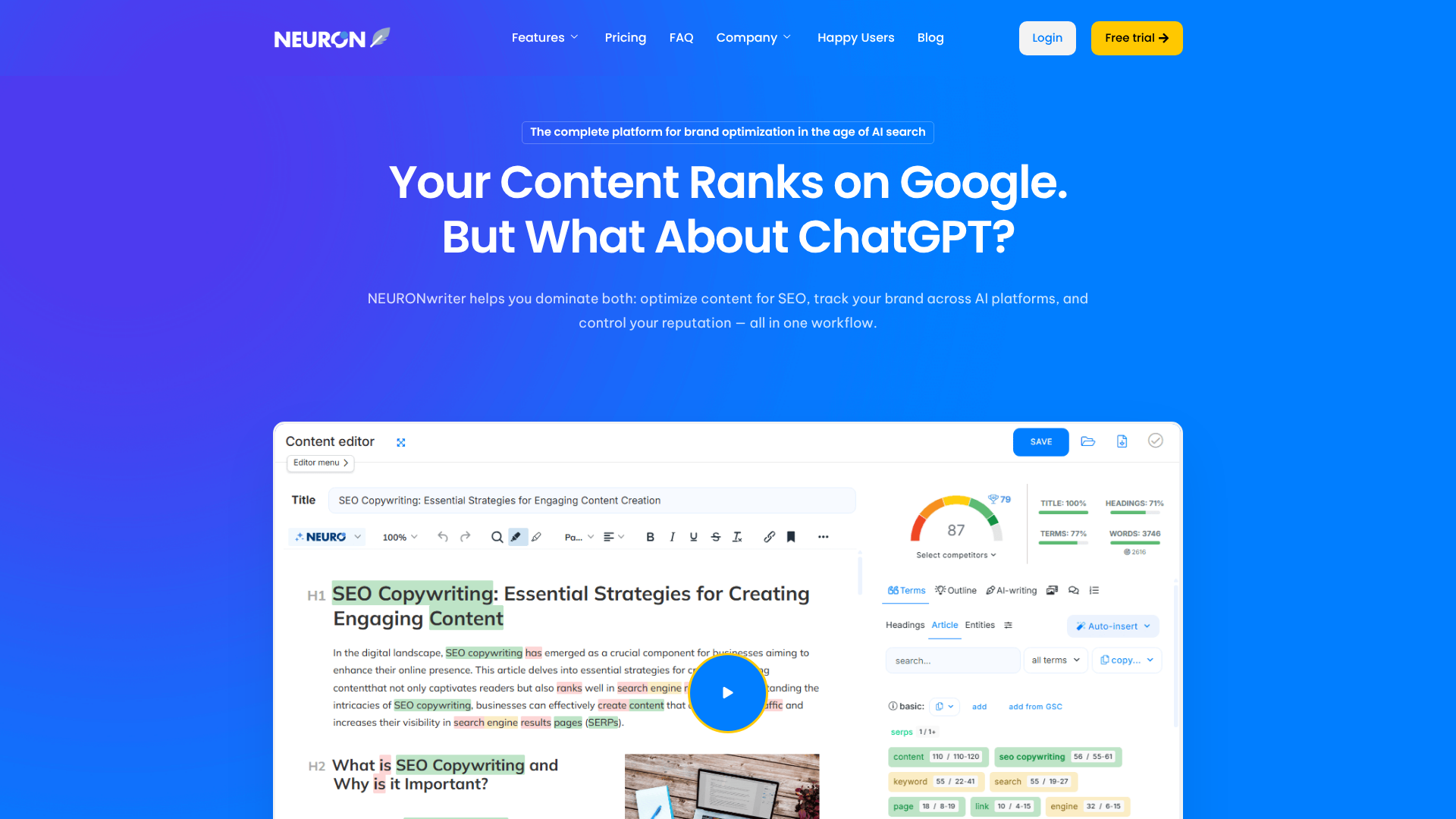 NeuronWriter homepage showing content optimization and AI visibility tools