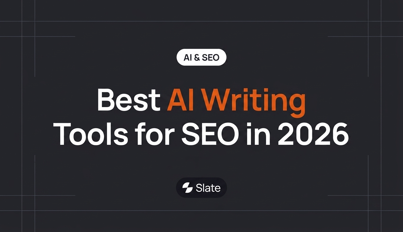 A conceptual image of a robot hand typing on a laptop, representing the use of AI writing tools for SEO.