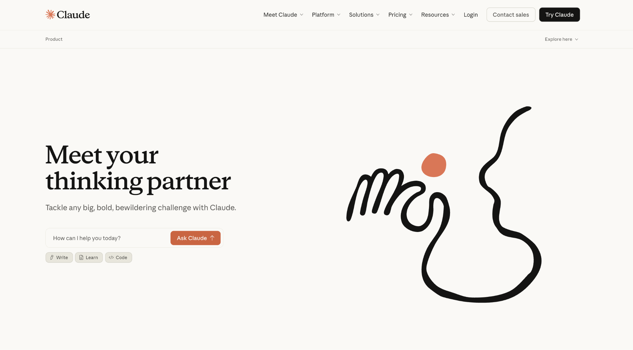 Claude homepage showing the AI assistant interface and navigation on the Anthropic website.