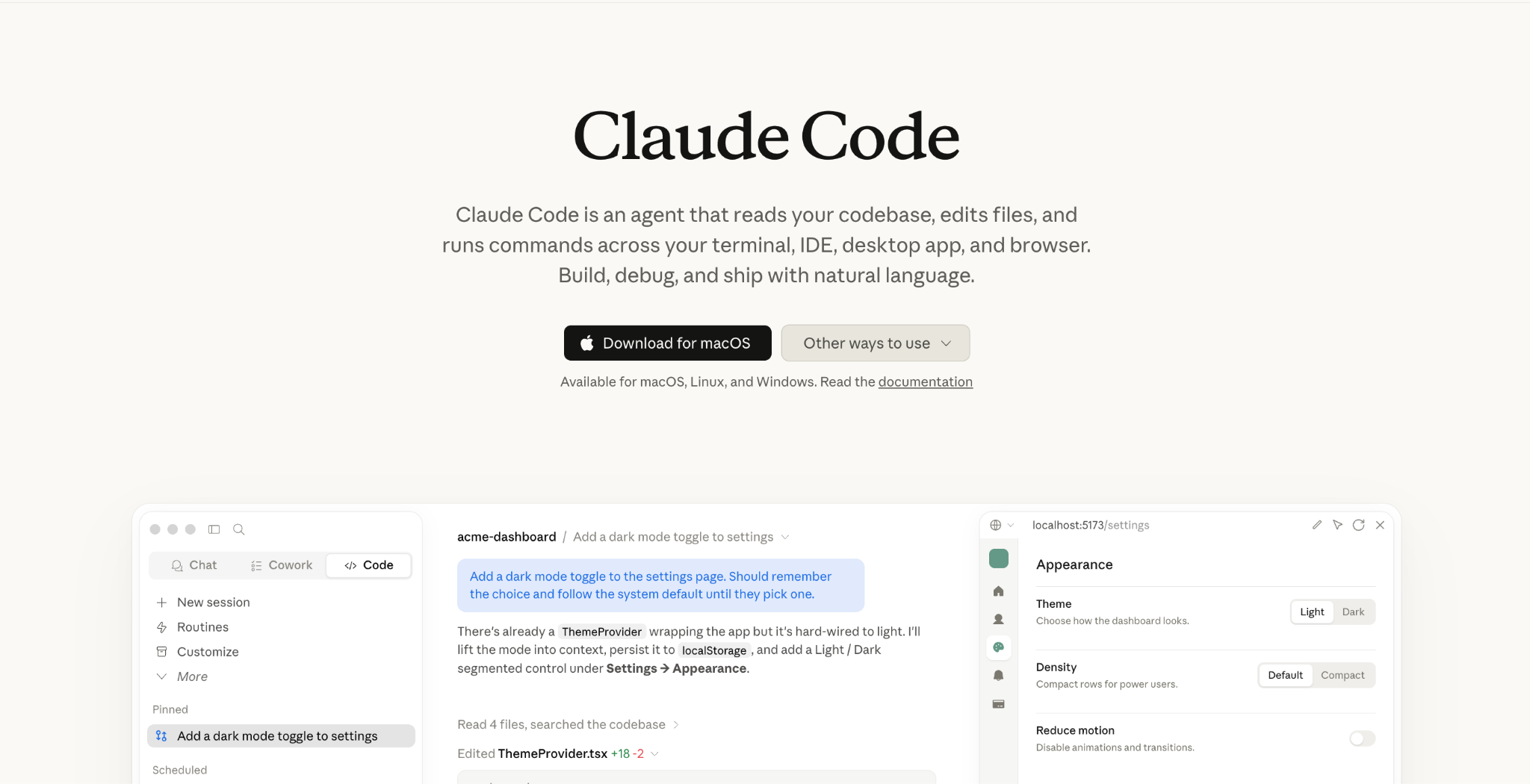 Claude Code interface showing AI-assisted coding, codebase editing, and terminal command execution.