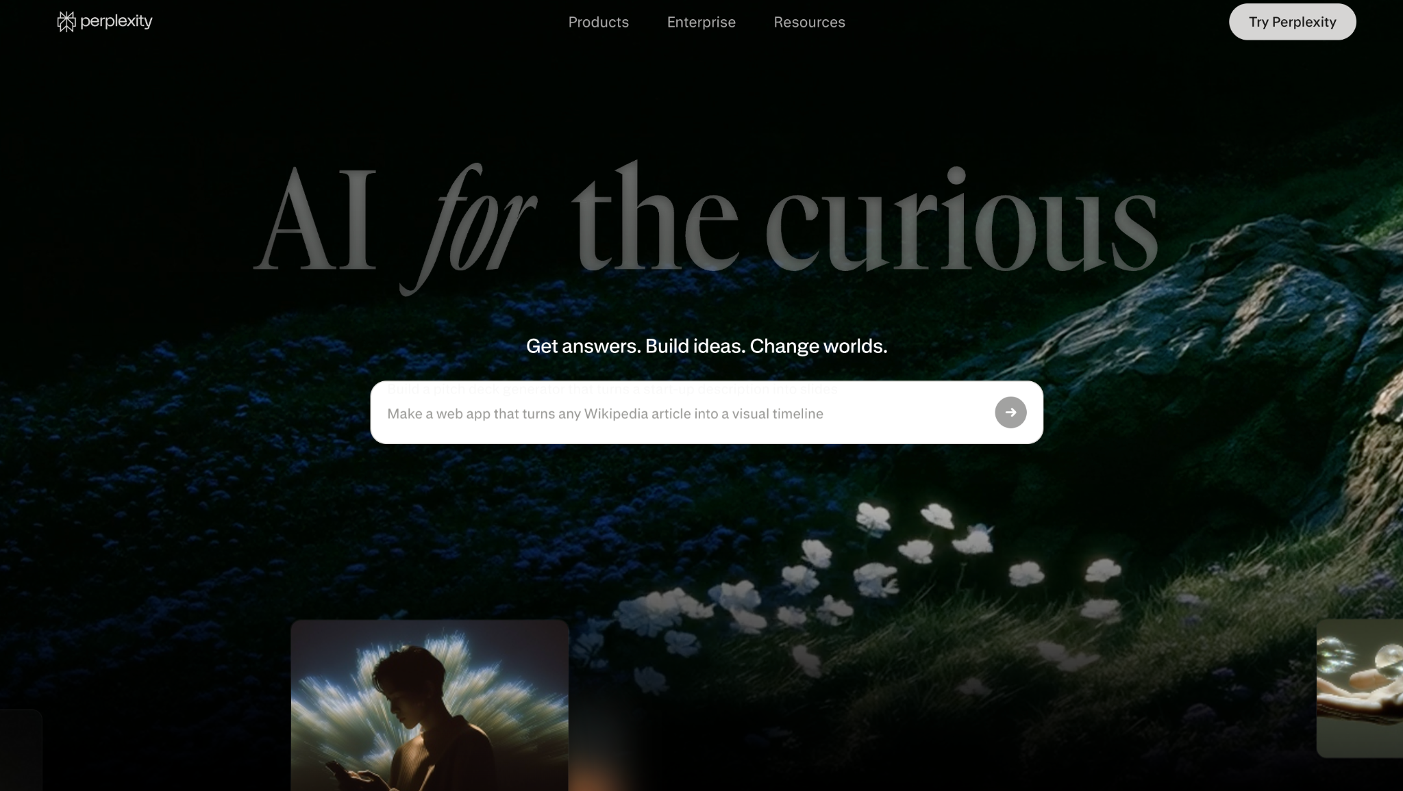 Perplexity AI homepage with search interface for web-backed research.