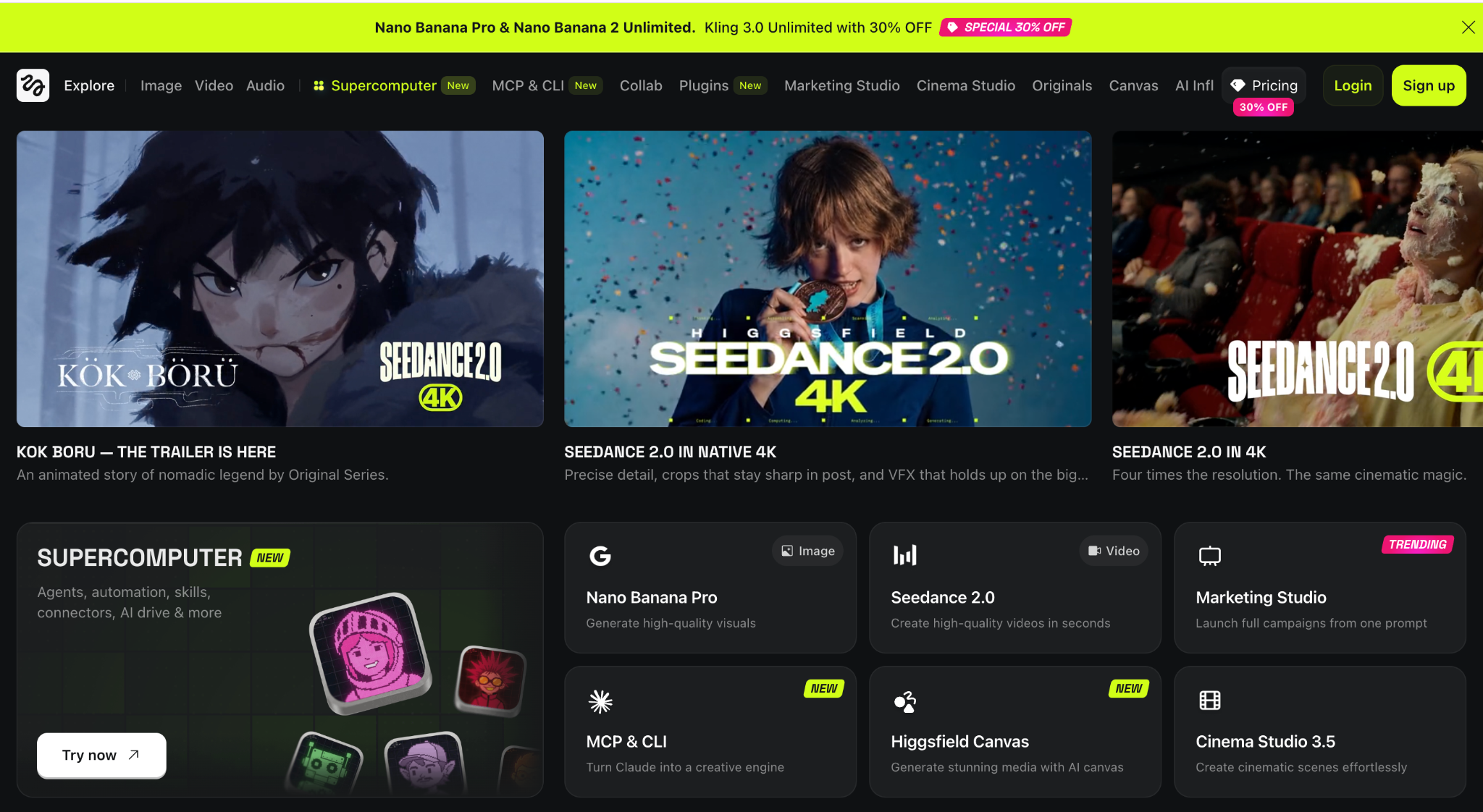 Higgsfield interface for cinematic AI video generation and creator-style content production.