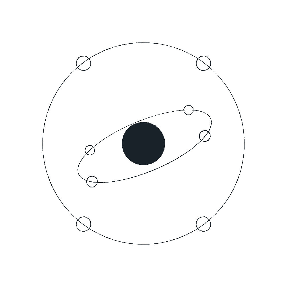 Modèle atomique avec un noyau central entouré de deux couches d'électrons en orbite.