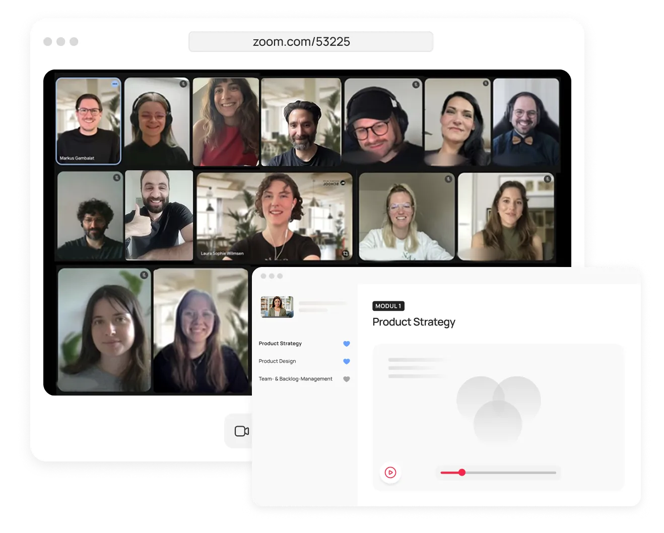 Ein abstrahiertes Bild eines Zoom-Calls und dem On-Demand-kurs