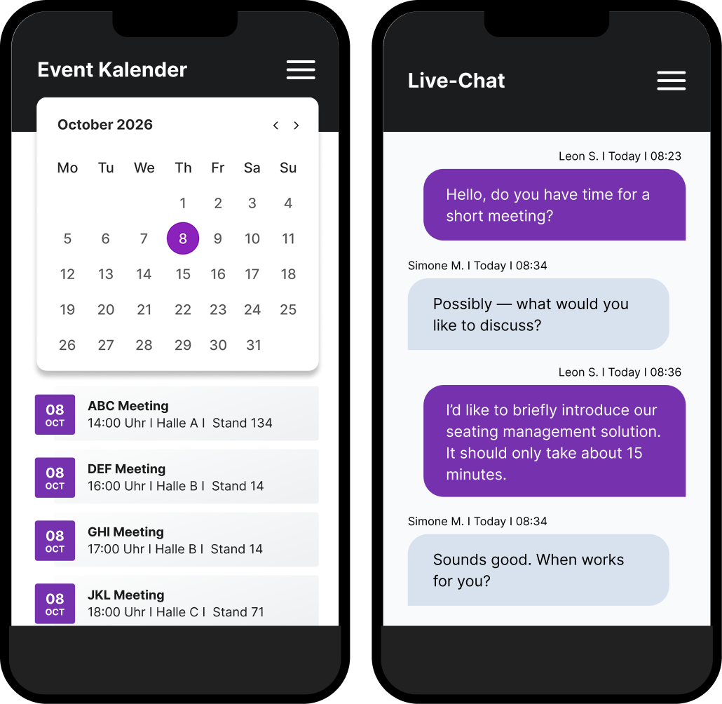 Calendar Screen and Live Chat Screen inside the Event App