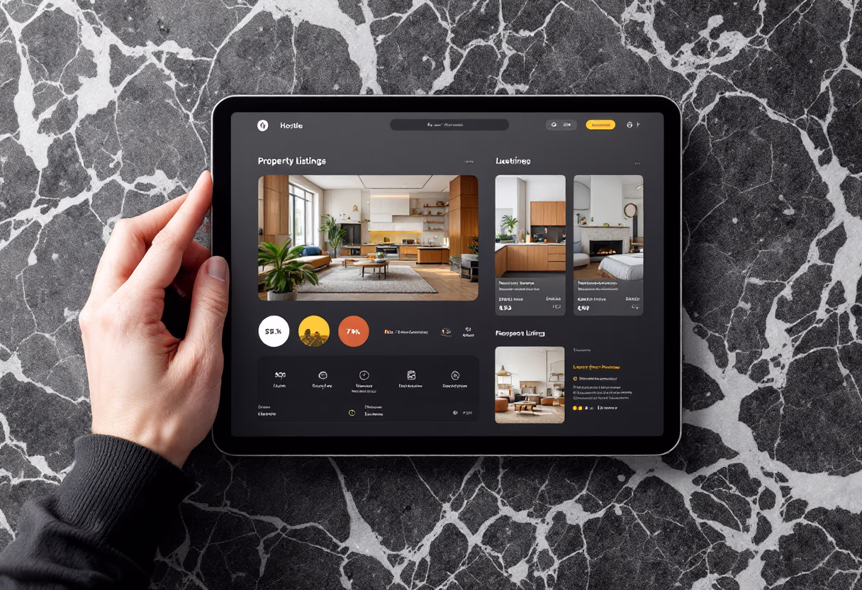 A client looking at an iPad with images of a home