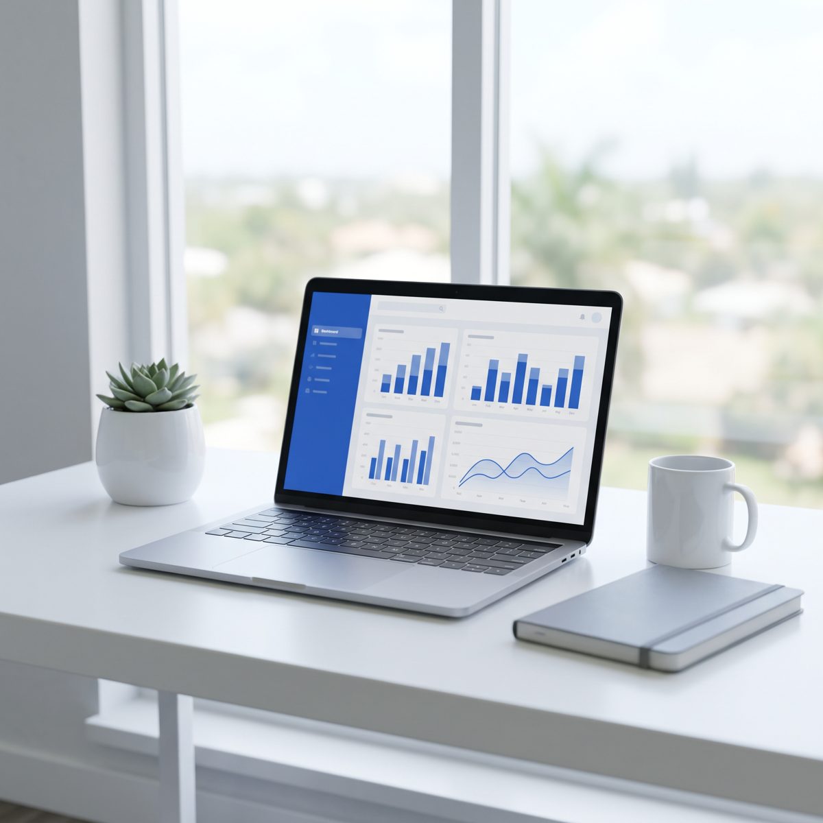 Bright modern workspace with a laptop showing an analytics dashboard