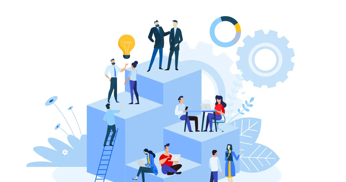 Illustration av medarbetare som samarbetar kring hållbarhetsrapportering – visualisering av datainsamling, analys och strategiskt arbete.