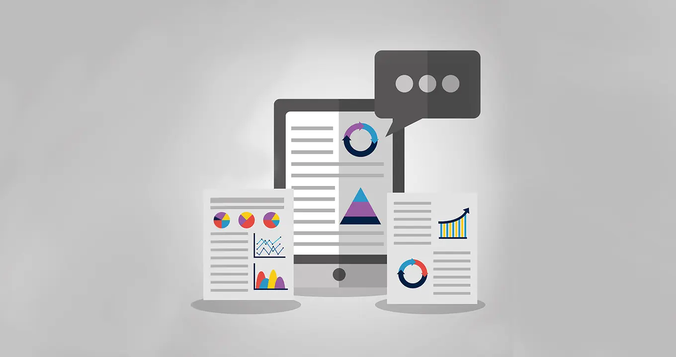 Illustration av digital rapportering med grafer, cirkeldiagram och analysrapporter – symboliserar insikter från Big Data och Business Intelligence.