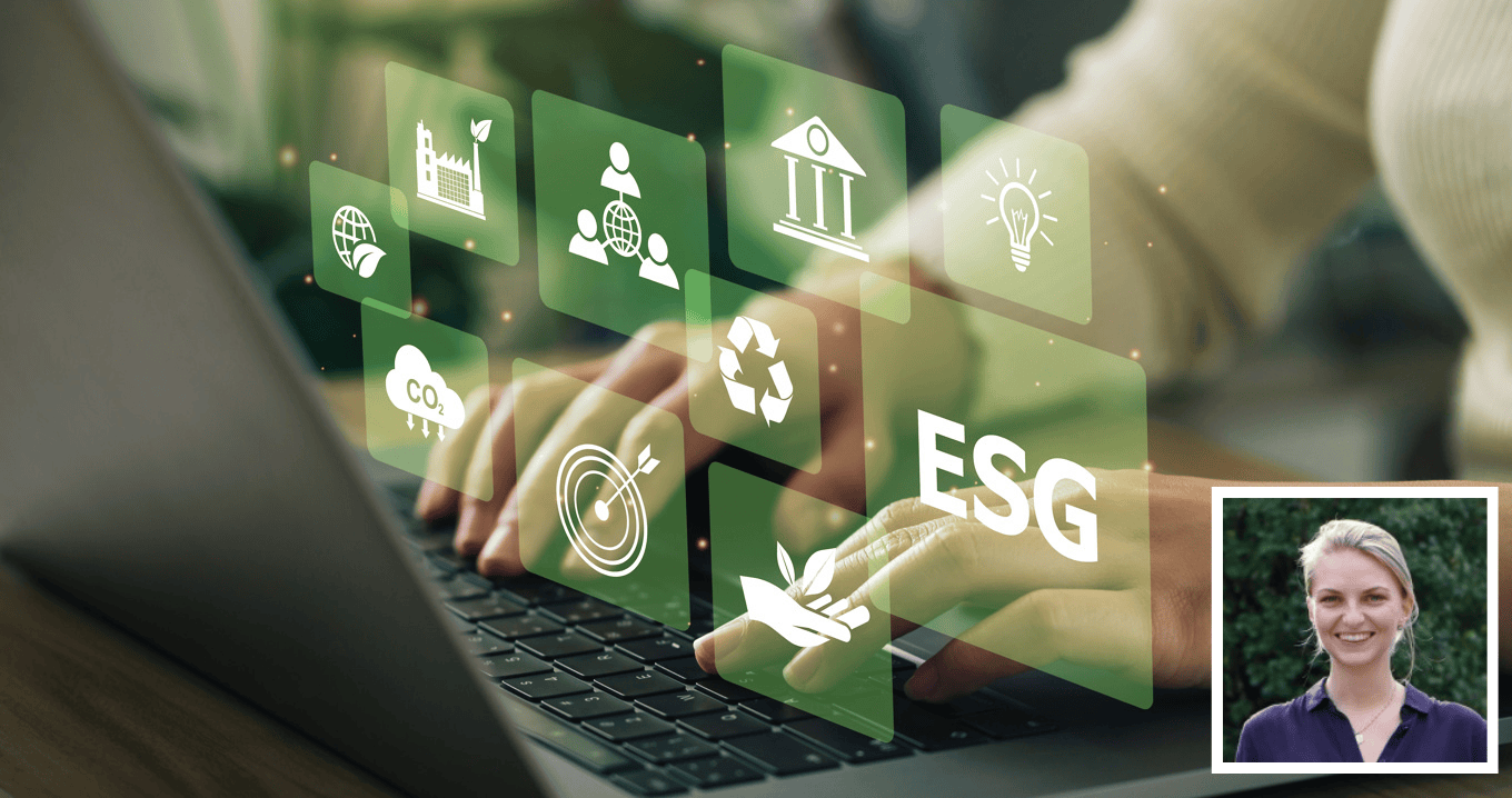 Digitalt ESG-arbete med hållbarhetsikoner på dator – expert Maria delar insikter om miljö, socialt ansvar och bolagsstyrning.
