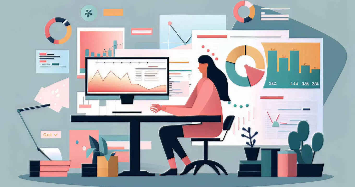 Illustration av kontorsmiljö där ekonomistyrning och verksamhetsanalys sker genom interaktiva rapporter och dashboards.