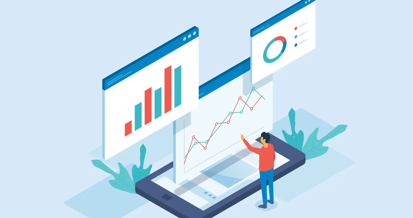Illustration av person som analyserar interaktiva grafer och diagram på en stor digital skärm, som symboliserar datalager.
