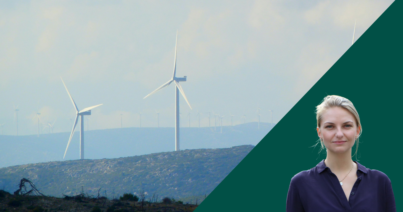 Vindkraftverk i landskap kombinerat med porträtt av expert – Hypergene och SustainLab delar tips om hållbarhetsrapportering och datadrivna insikter.