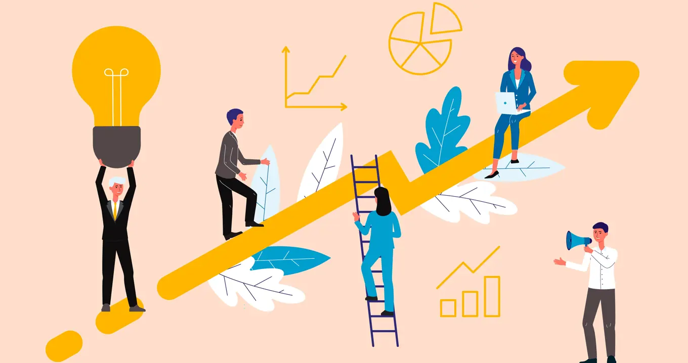 Illustration av affärsutveckling och tillväxt – människor samarbetar på en uppåtgående pil med grafer och statistik.