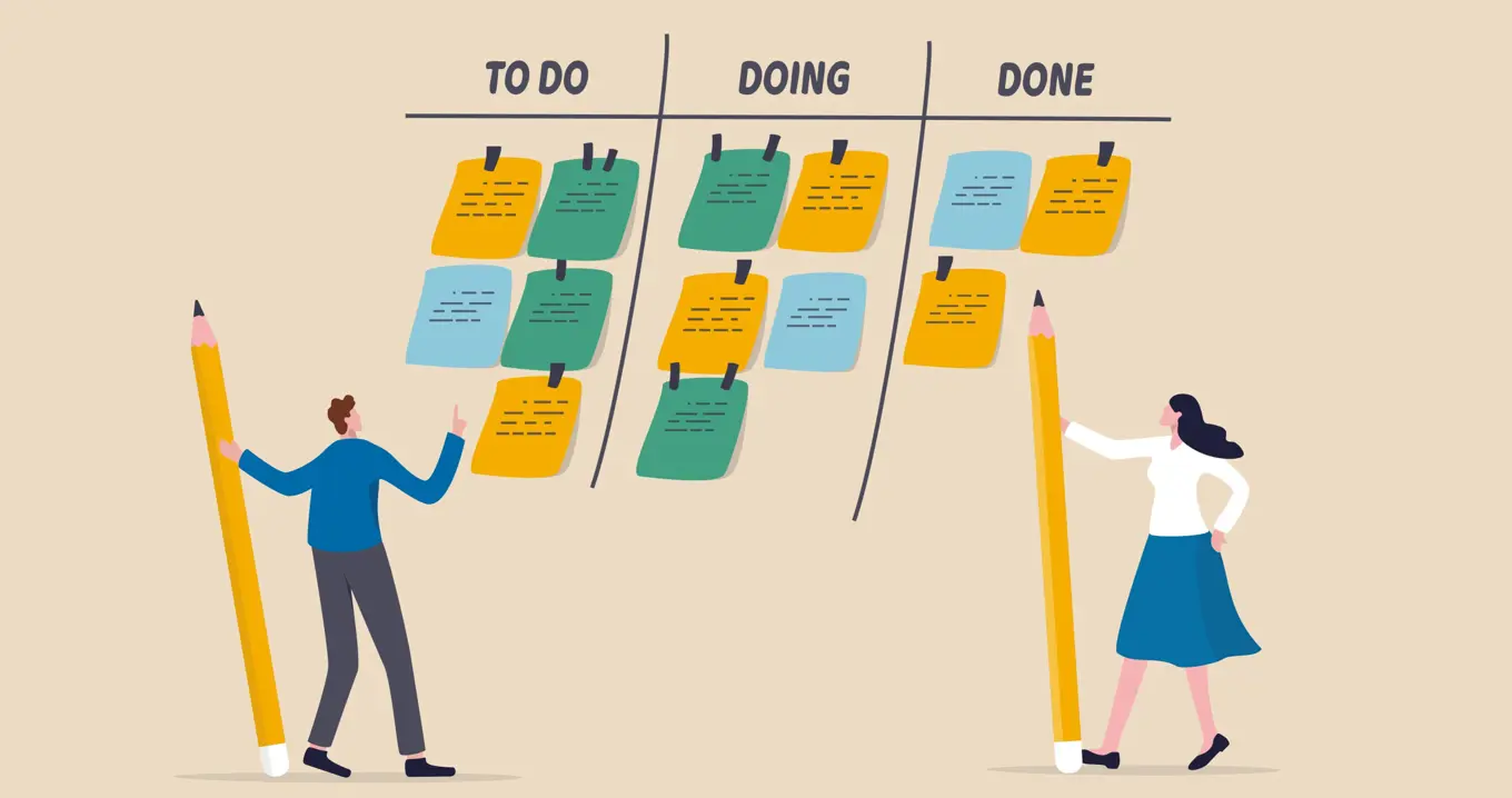 Illustration av ett Kanban-tavla med tre kolumner: "To Do", "Doing" och "Done", där två personer arbetar med att organisera uppgifter med hjälp av färgade lappar.