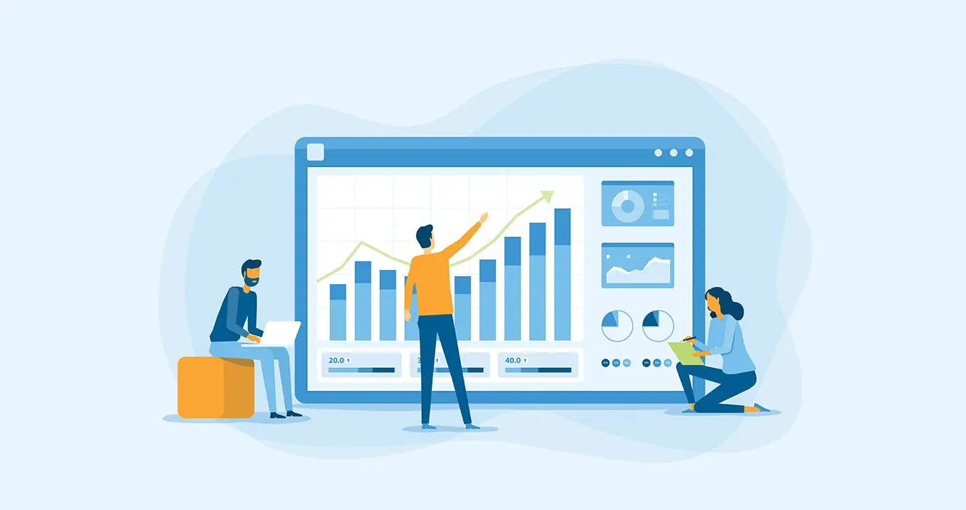 Illustration av tre personer som analyserar och presenterar data via en stor digital dashboard med stapeldiagram, linjediagram och cirkeldiagram.
