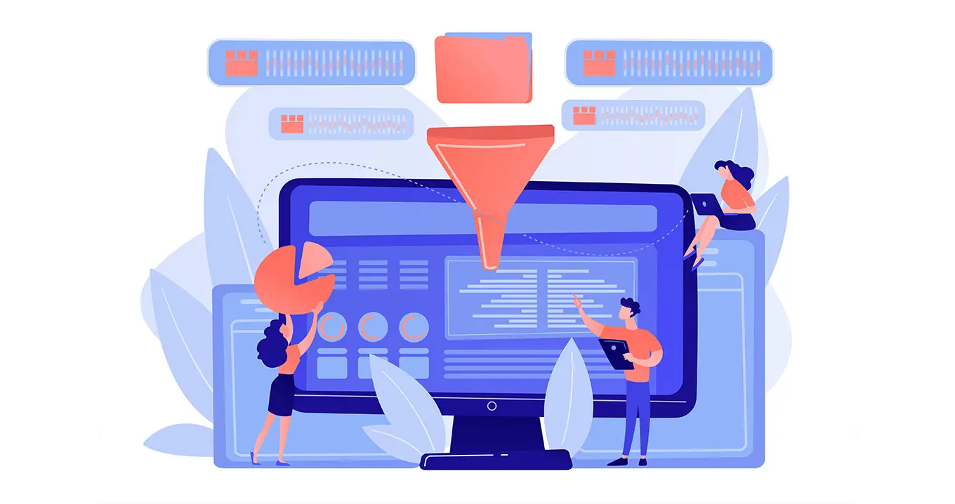 Illustration av människor som bearbetar och visualiserar data genom filter och dashboards