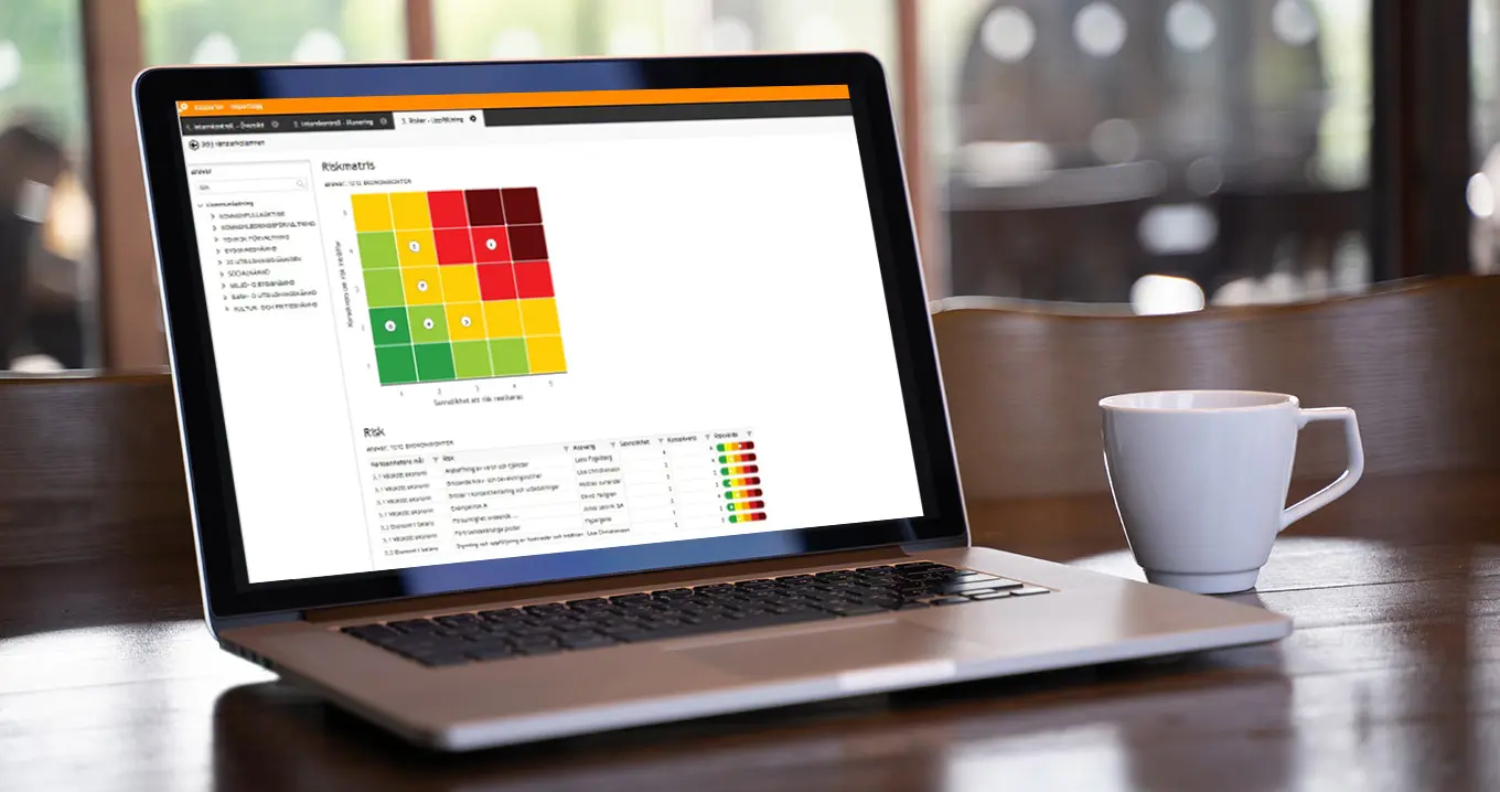 Riskanalys i Hypergene med visuell riskmatris på laptopskärm