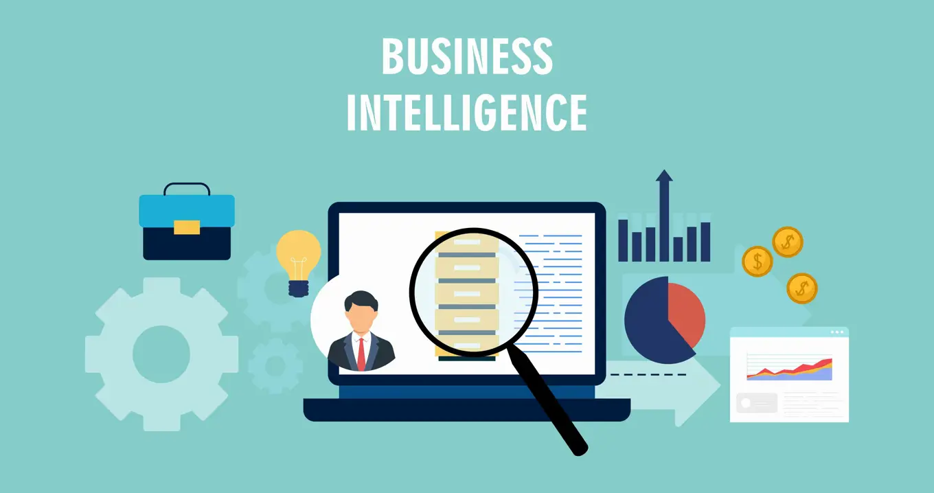 Business Intelligence-koncept illustrerat med dator, diagram, förstoringsglas, växande stapeldiagram och pengasymboler.
