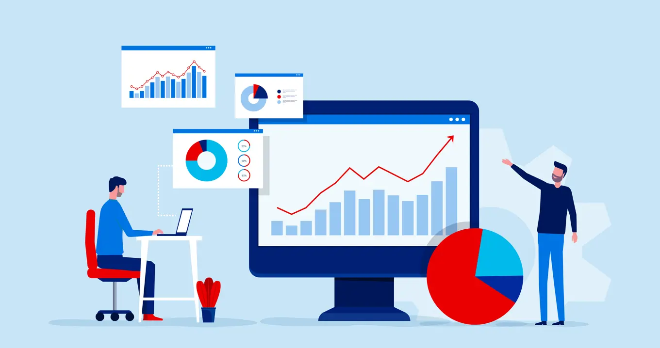 Analys av finansiell data på skärm med stapeldiagram och KPI:er i fokus.
