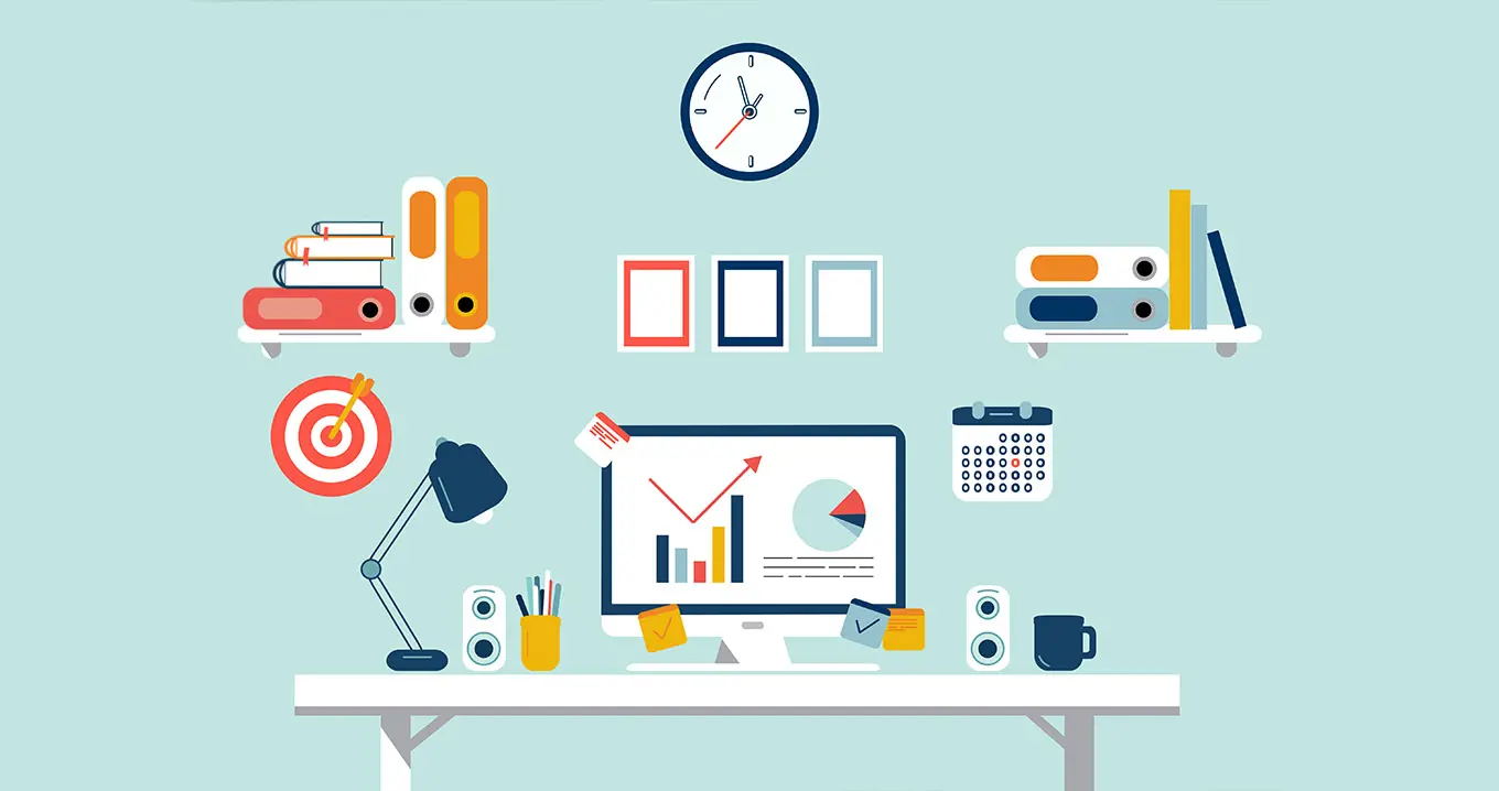 Illustration av ett organiserat skrivbord med datorskärm som visar stapeldiagram och cirkeldiagram – symboliserar effektiv budgetuppföljning.