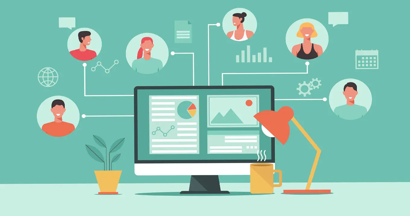 Illustration av verksamhetsstyrning med digitala dashboards och medarbetare som samarbetar på distans.