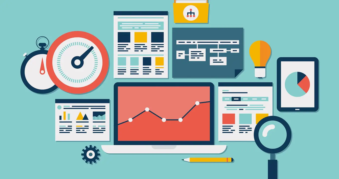 Illustration av laptop med grafer, dashboards, KPI:er och mätverktyg.