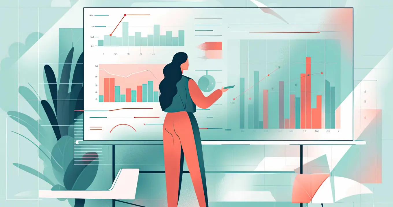 Illustration av en kvinna som analyserar diagram och stapeldiagram på en digital whiteboard – symboliserar hållbarhetsrapportering och datadrivet beslutsstöd.