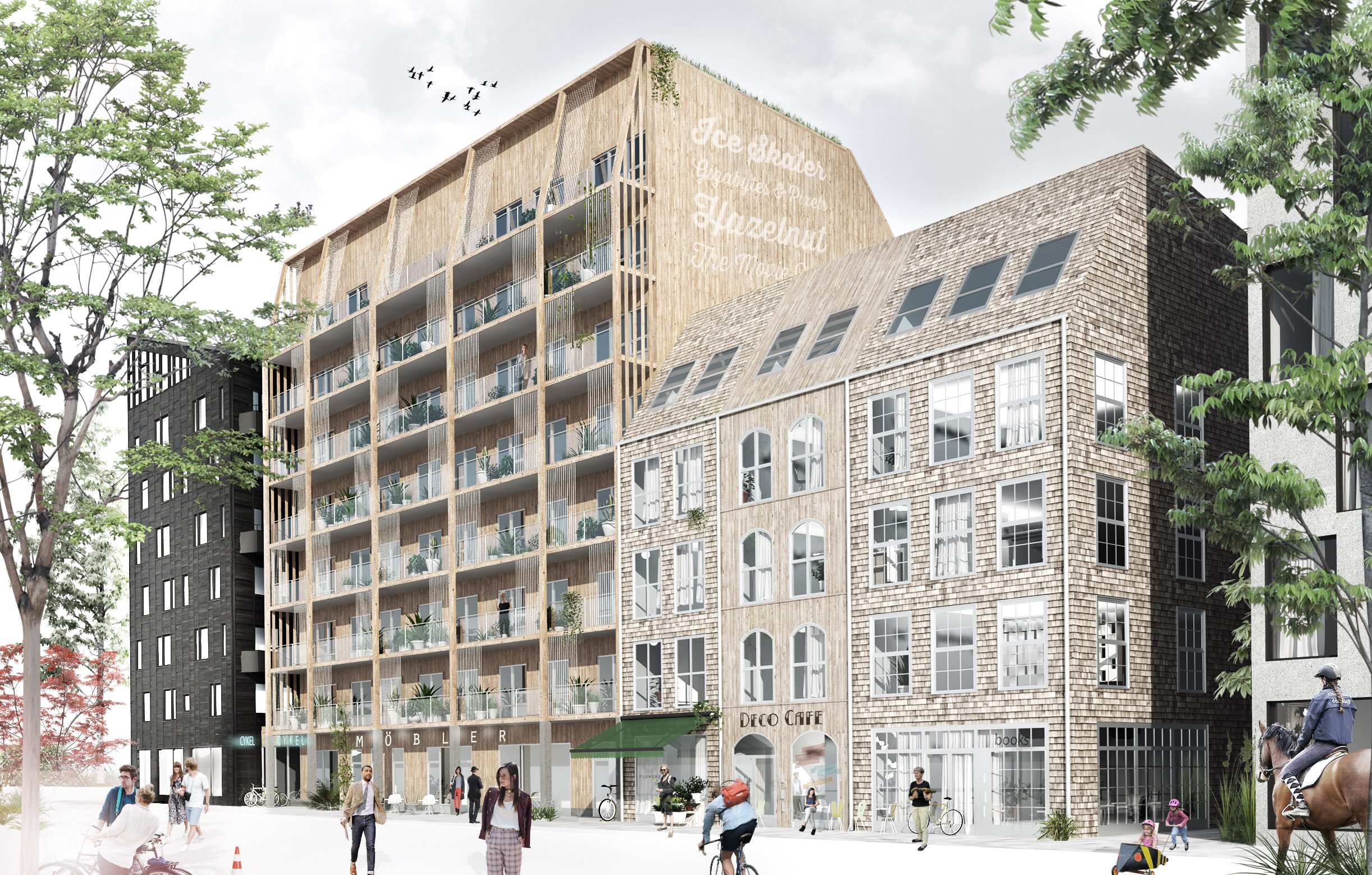 Illustration av nyproducerade fastigheter i trä och tegel med människor i stadsmiljö. Bilden symboliserar Skandia Fastigheters val av Hypergene som helhetslösning för verksamhetsstyrning.