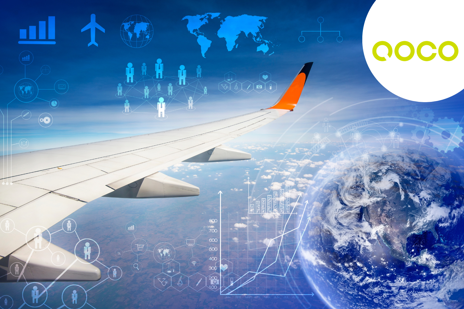 Flygplansvinge över jorden med digitala symboler för nätverk och data. QOCO Systems hanterar risker, projekt och resurser i Thinking Portfolios portföljer.