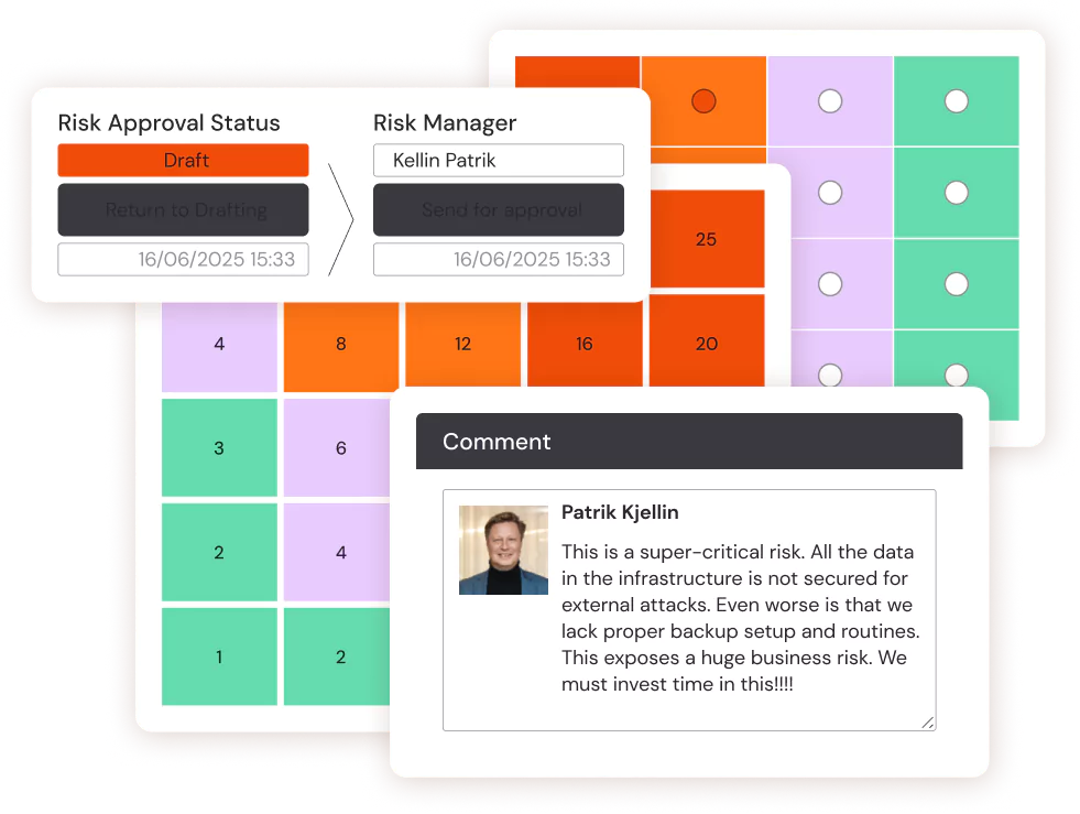 Illustration showing details from Hypergene's risk management module: risk matrix, comments and risk approval status.