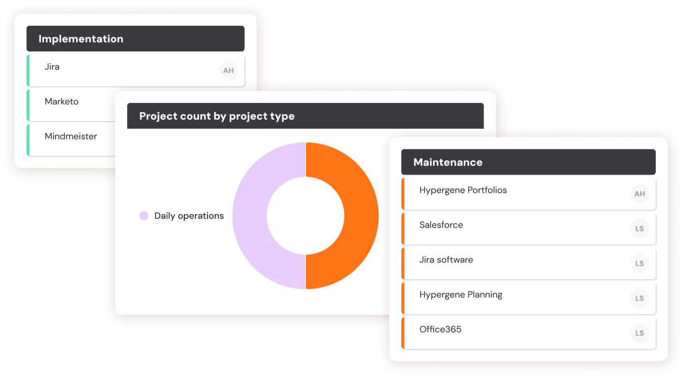 Collage of HyperGene's application portfolio showing system management, project statistics and list of applications in maintenance.