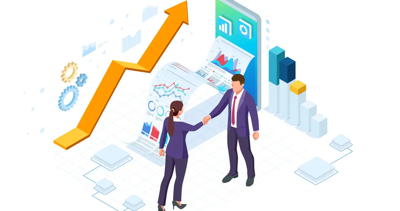 Two business professionals shaking hands in front of digital charts and a rising arrow, symbolizing Kaizen and continuous improvement in business performance management.