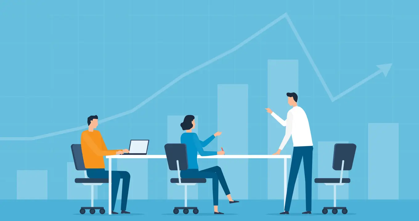 Team in business meeting discussing liquidity budget and financial performance, with upward bar chart and growth trend line in the background.