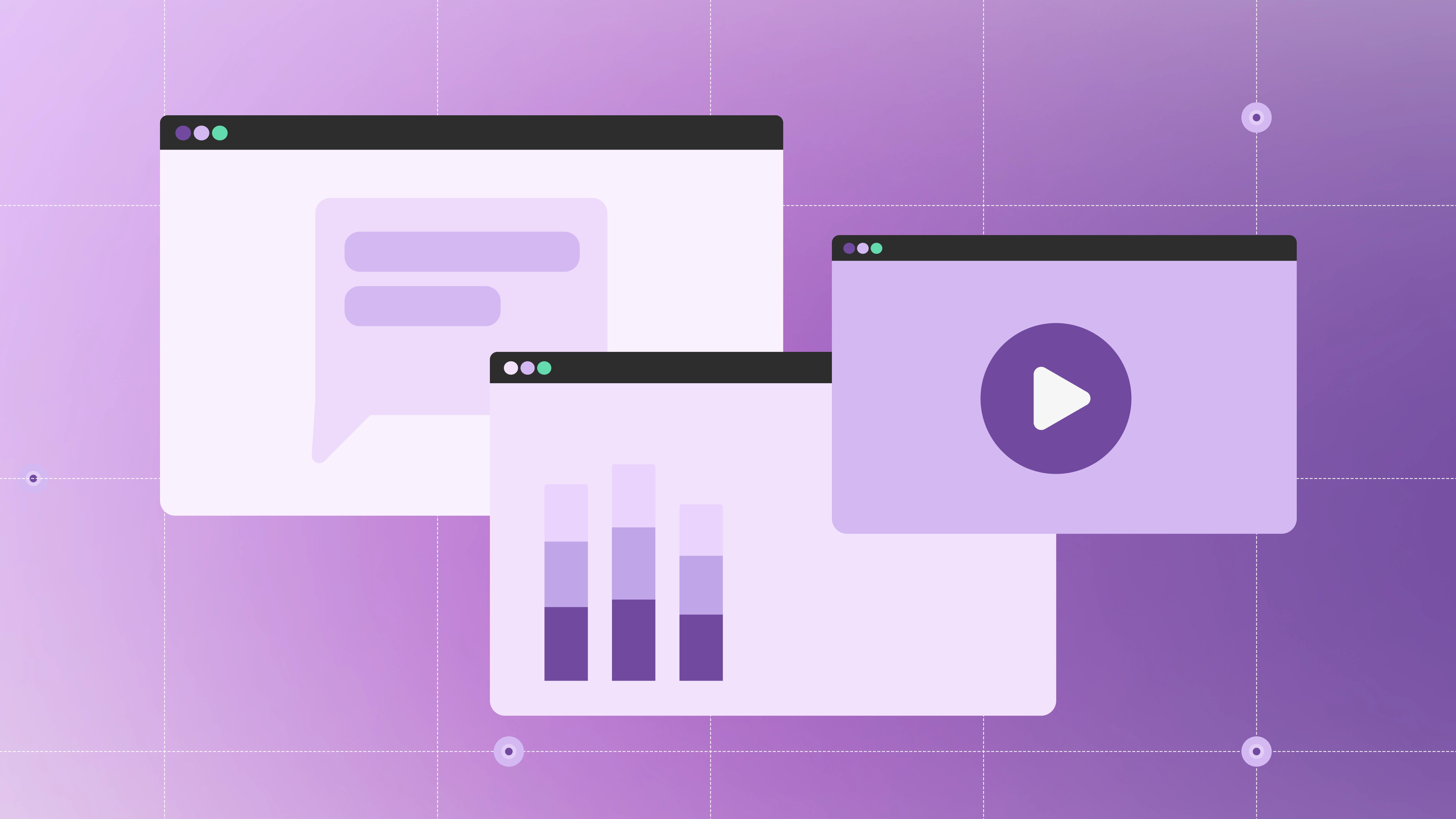 Three overlapping web browser windows in purple tones, showing a chat bubble, bar chart, and play button icon.